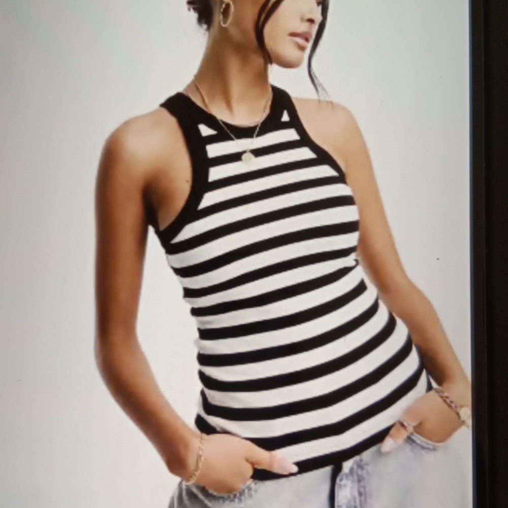 Theory Blue and White Striped Racer Tank Summer Beach Womens Medium